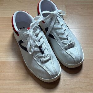 Women's White Sneakers with Navy Accent and Red Heel Trim